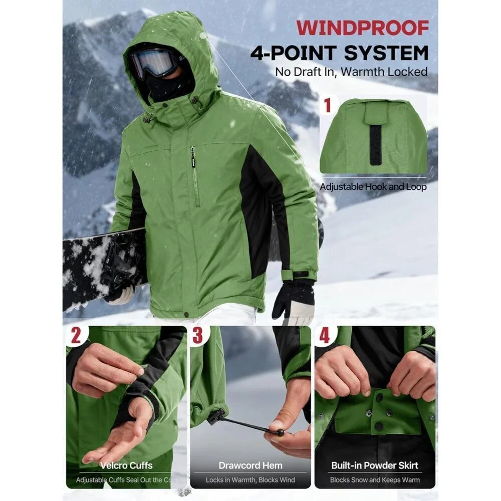 Men's Grass Green Waterproof Ski Snow Fleece Lined Warm Winter Rain Jacket
